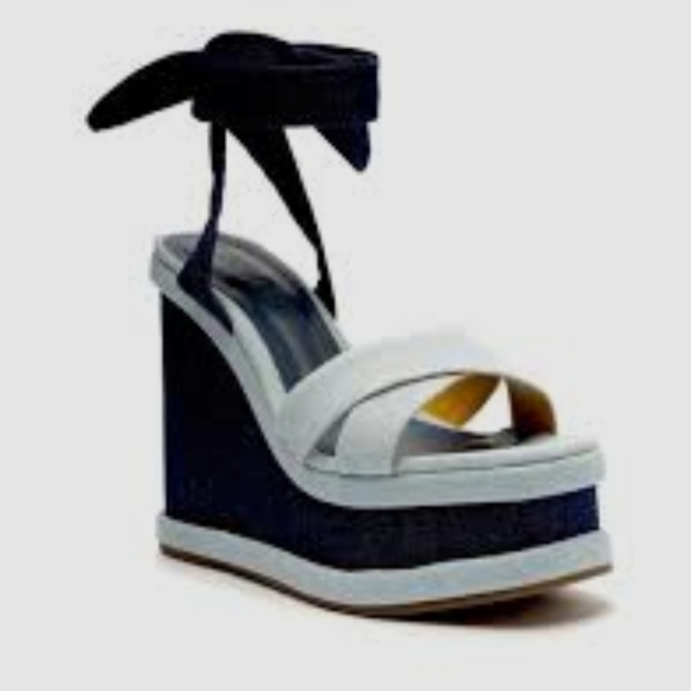 SCHUTZ Denim Sandal Wedges High Platform with Criss Cross Denim Straps